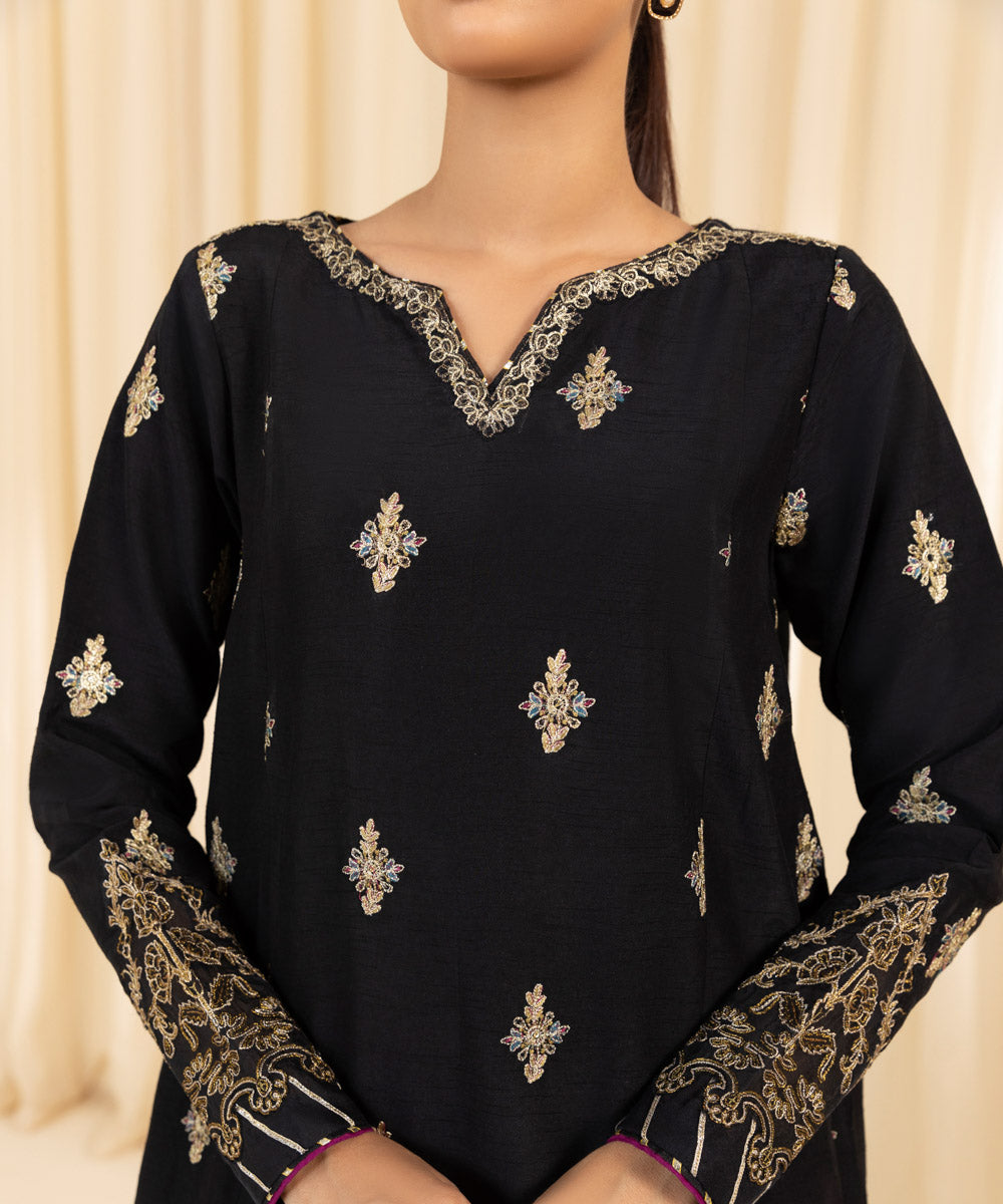 Women's Unstitched Embroidered Viscose Raw Silk Black 3 Piece Suit