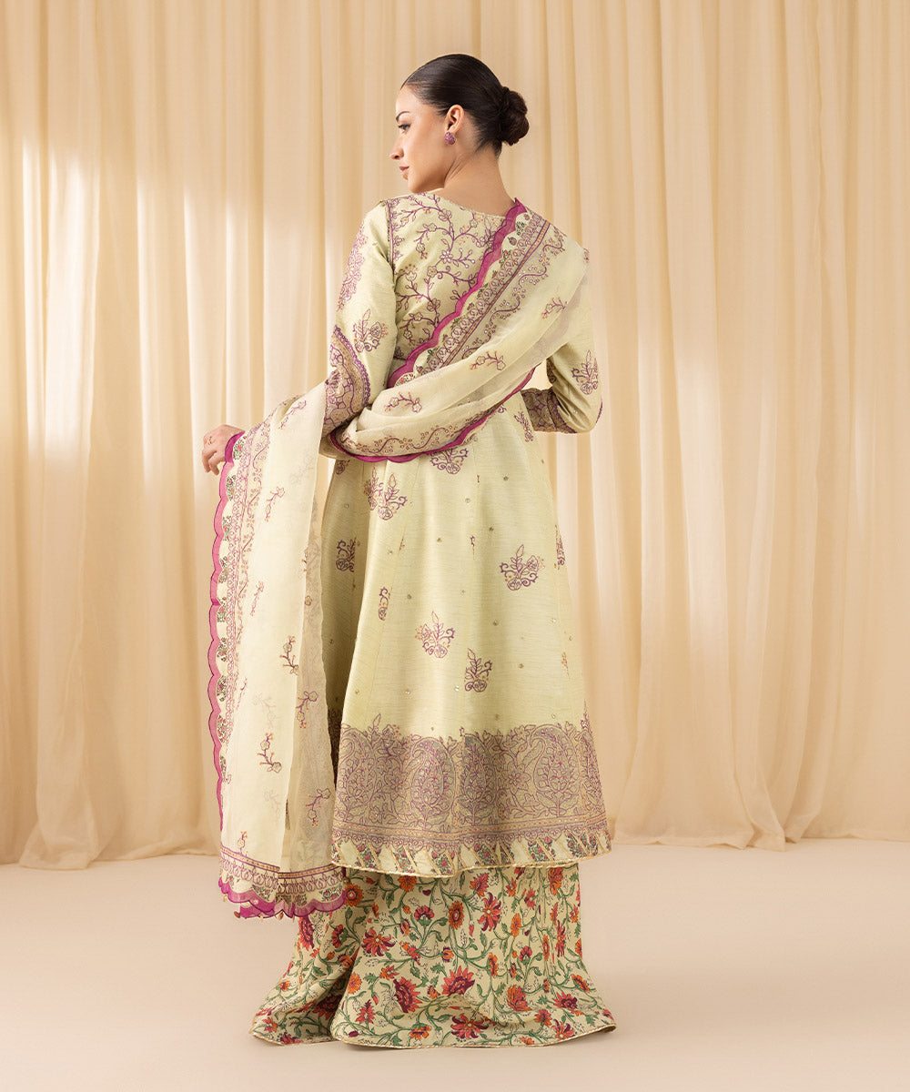 Women's Unstitched Embroidered Viscose Raw Silk Multi 3 Piece Suit