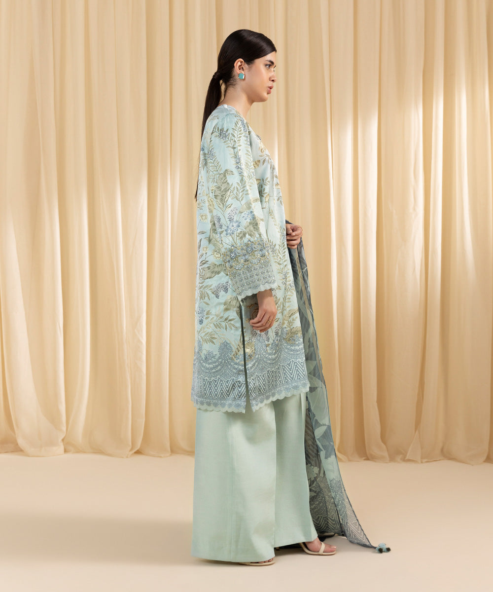 Women's Unstitched Embroidered Blended Satin Blue 3 Piece Suit