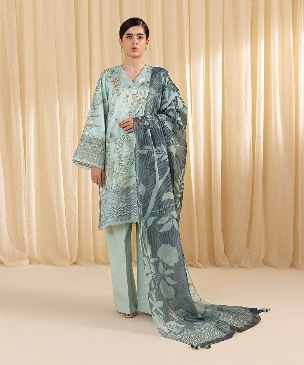 Women's Unstitched Embroidered Blended Satin Blue 3 Piece Suit