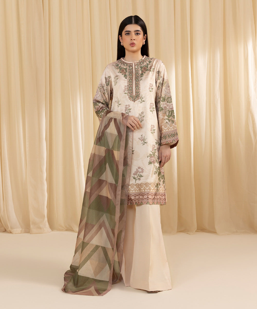 Women's Unstitched Embroidered Blended Satin Beige 3 Piece Suit