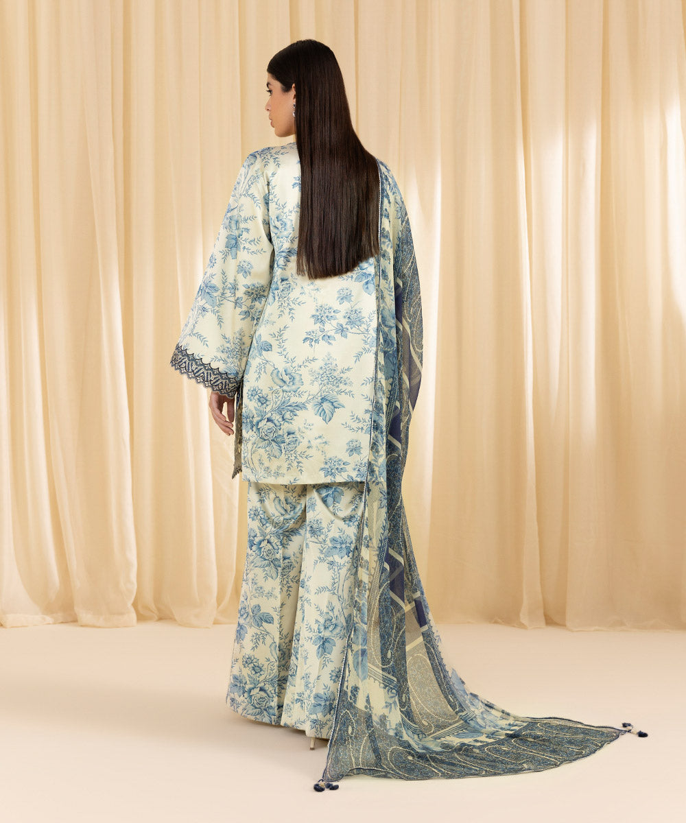 Women's Unstitched Embroidered Blended Satin Blue 3 Piece Suit