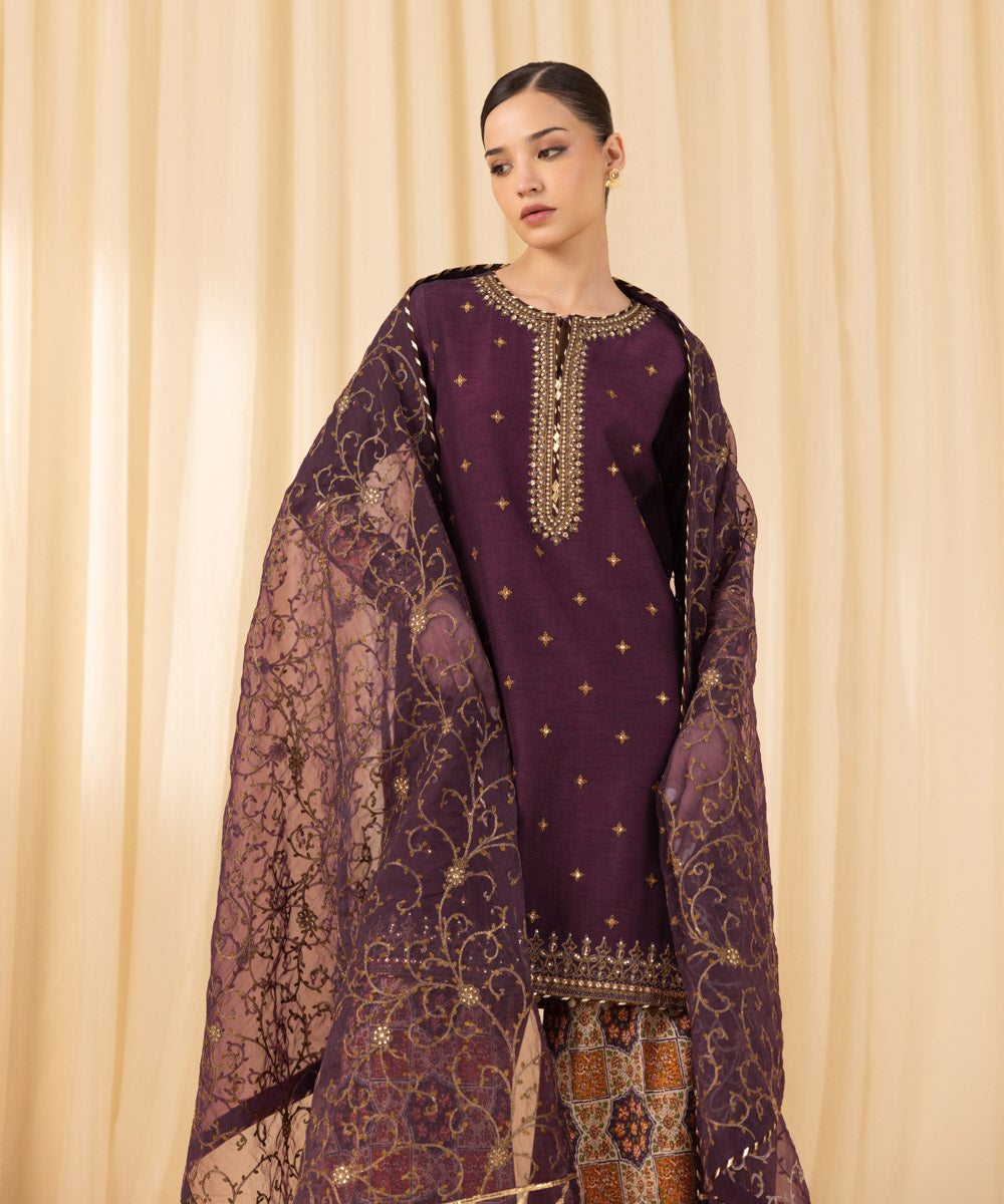 Women's Pret Raw Silk Embroidered Purple 3 Piece Suit