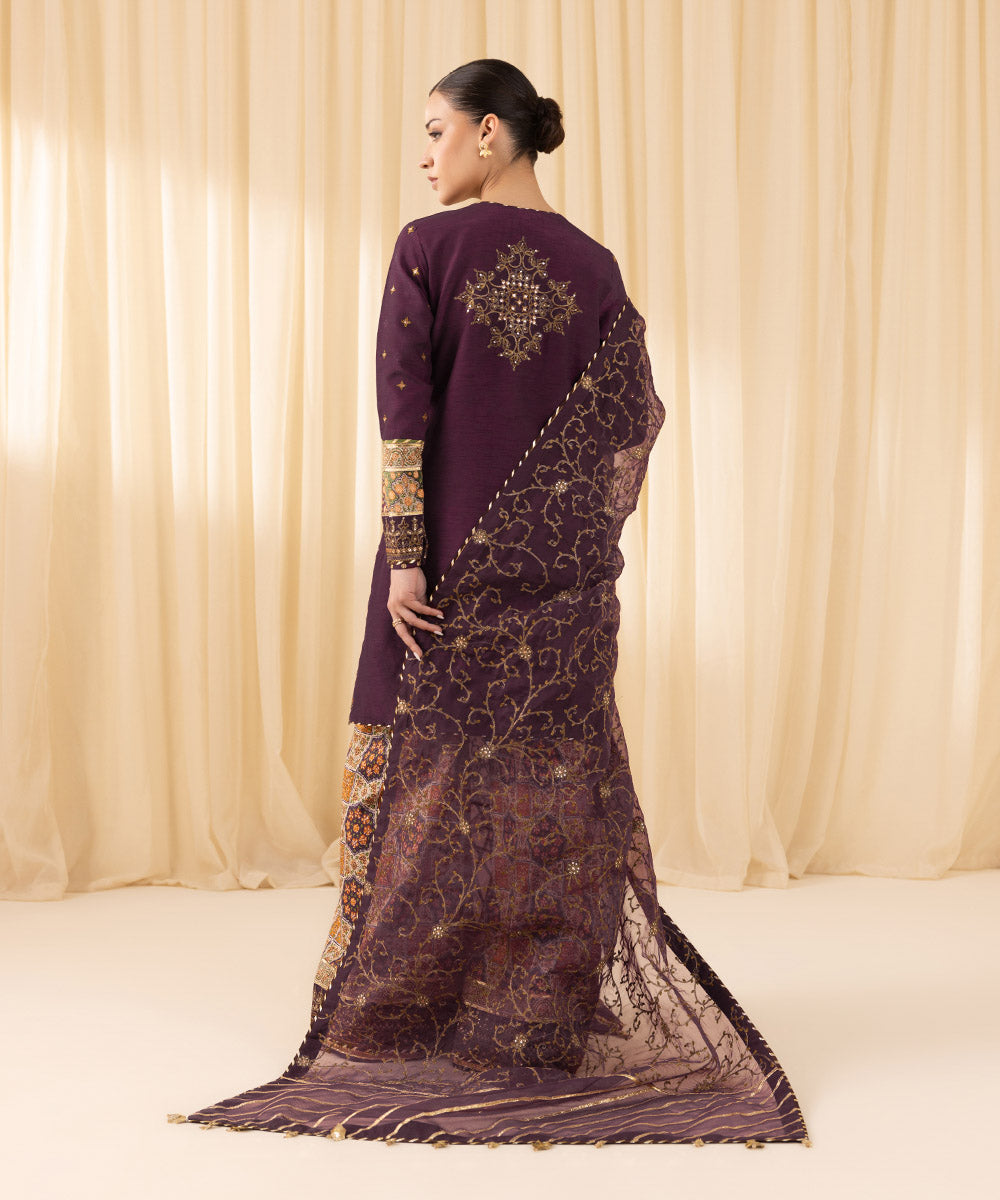 Women's Pret Raw Silk Embroidered Purple 3 Piece Suit