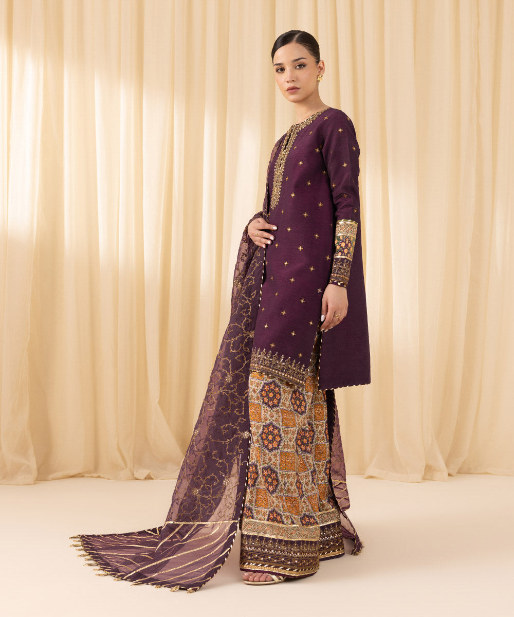 Women's Pret Raw Silk Embroidered Purple 3 Piece Suit