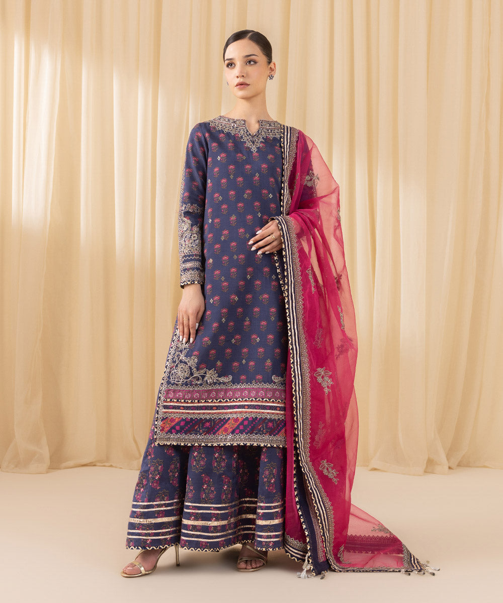 Women's Pret Viscose Raw Silk Embroidered Blue 3 Piece Suit