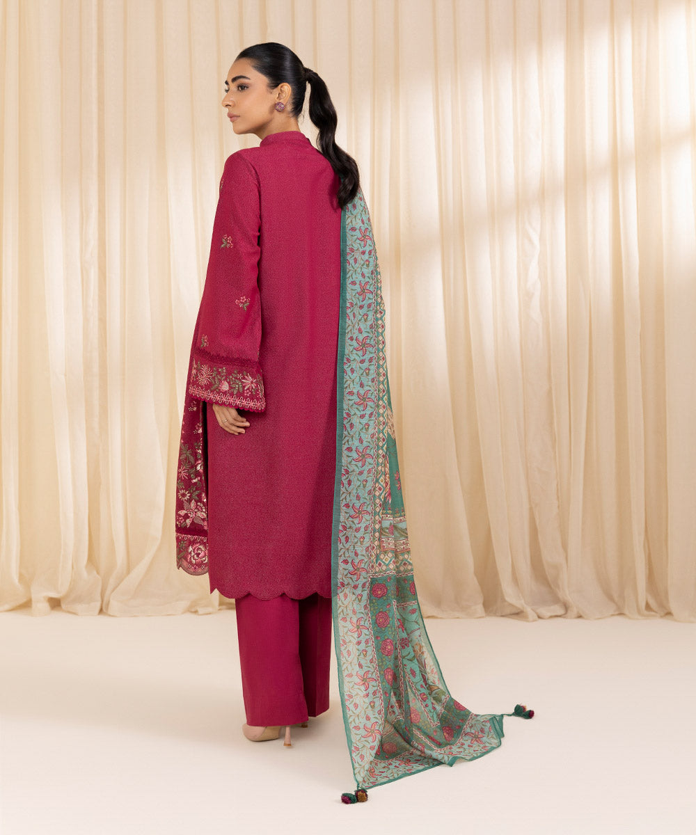 Women's Unstitched Embroidered Hot Pink Cotton Karandi Three Piece Suit