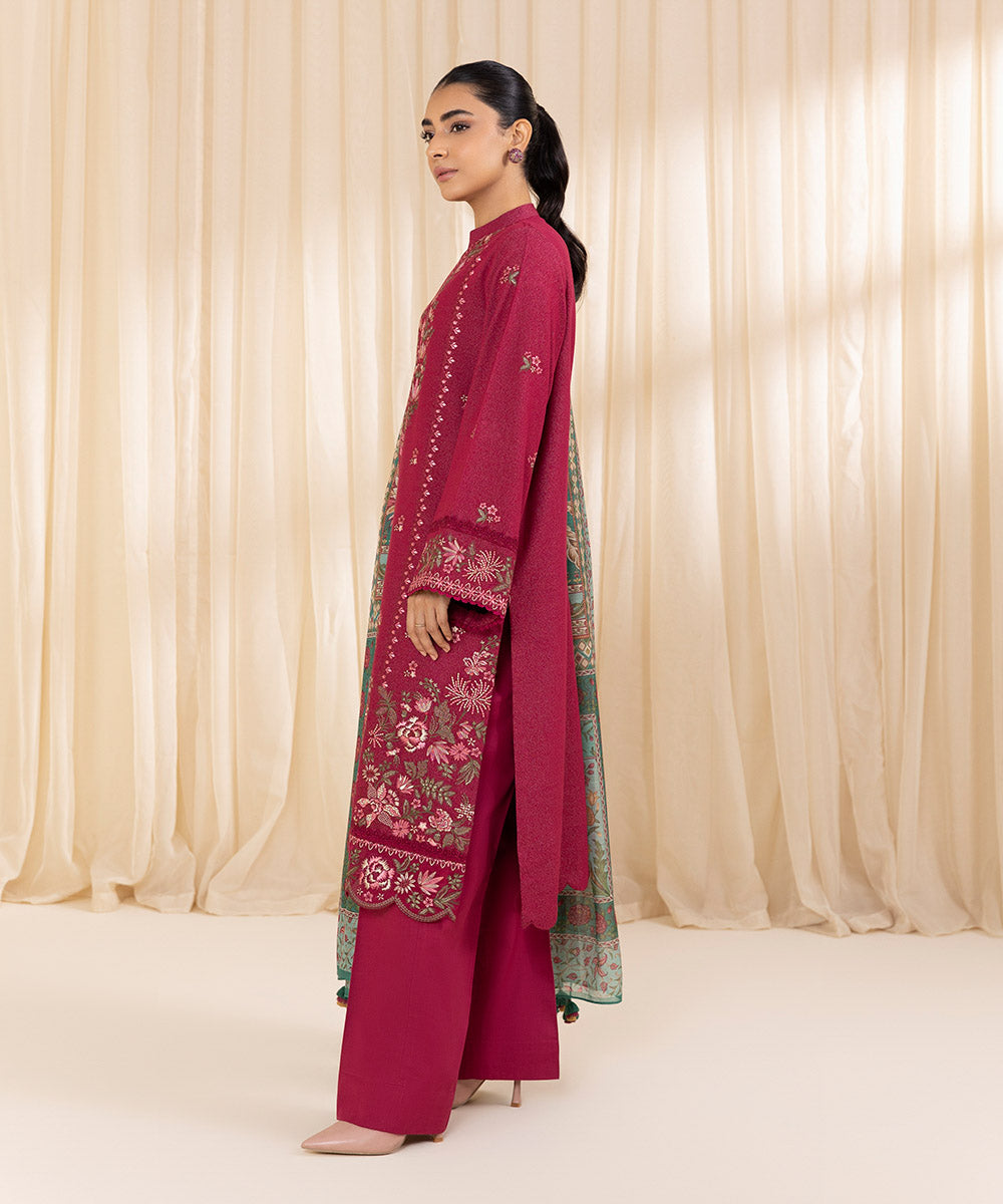 Women's Unstitched Embroidered Hot Pink Cotton Karandi Three Piece Suit