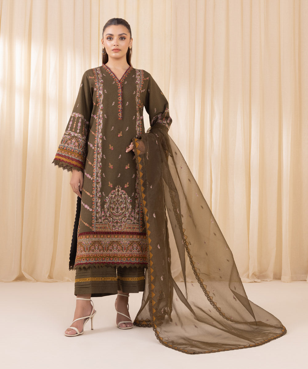 Women's Unstitched Embroidered Olive Green Cotton Karandi Three Piece Suit