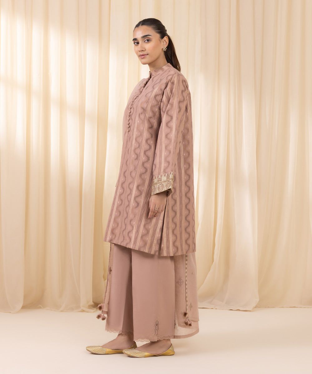 Women's Unstitched Embroidered Beige Extra Weft Jacquard Three Piece Suit