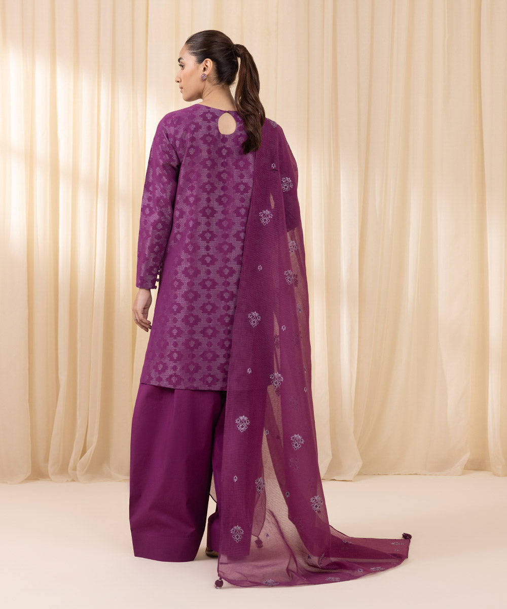 Women's Unstitched Embroidered Purple Extra Weft Jacquard Three Piece Suit