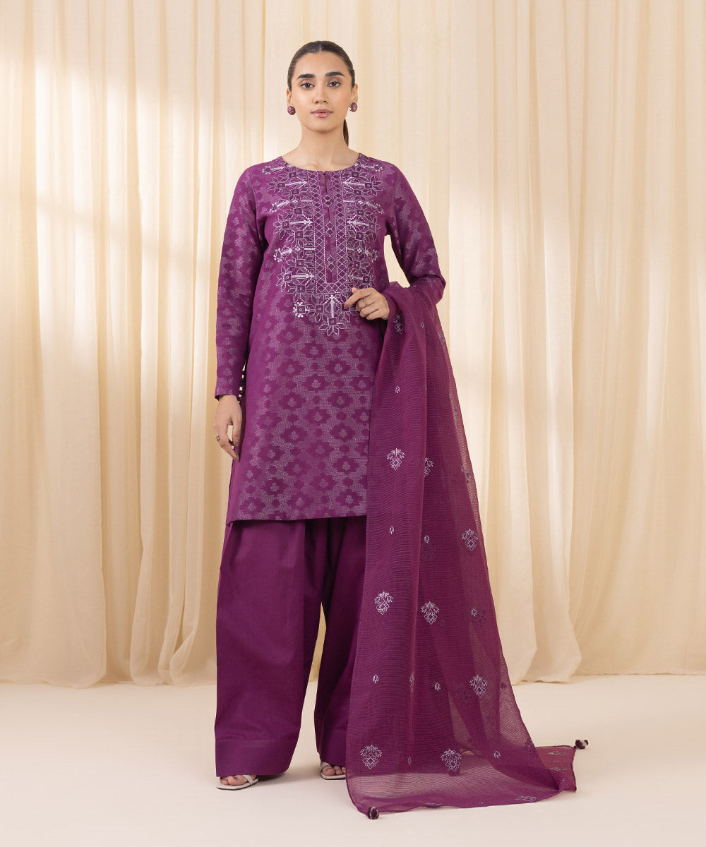 Women's Unstitched Embroidered Purple Extra Weft Jacquard Three Piece Suit