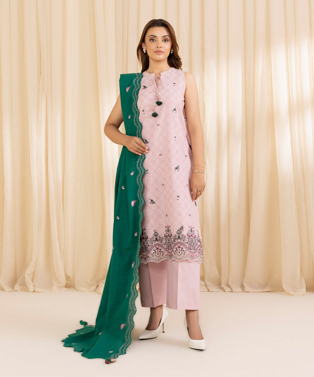 Women's Unstitched Embroidered Tea Pink Cotton Jacquard Three Piece Suit