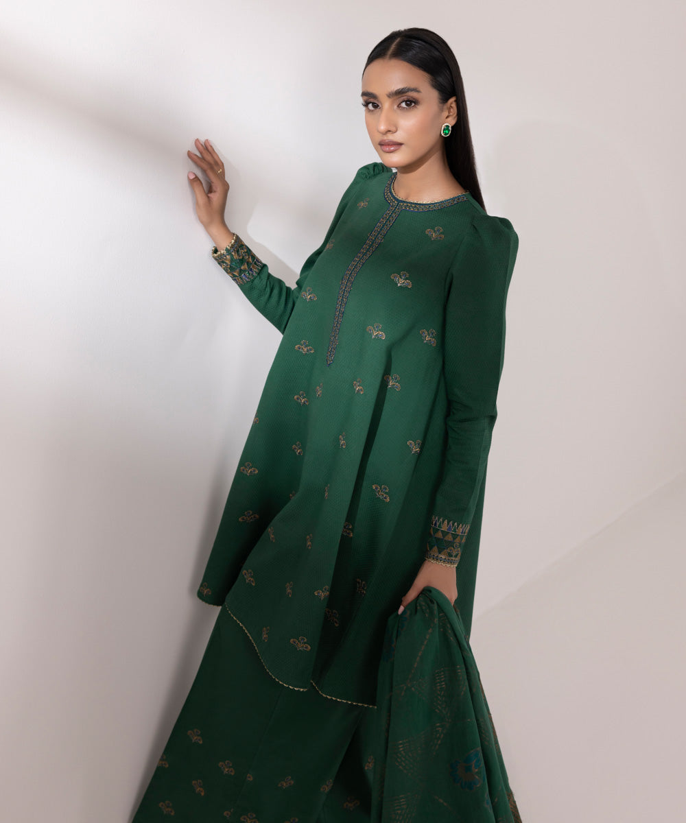 Women's Unstitched Dobby Embroidered Green 3 Piece Suit