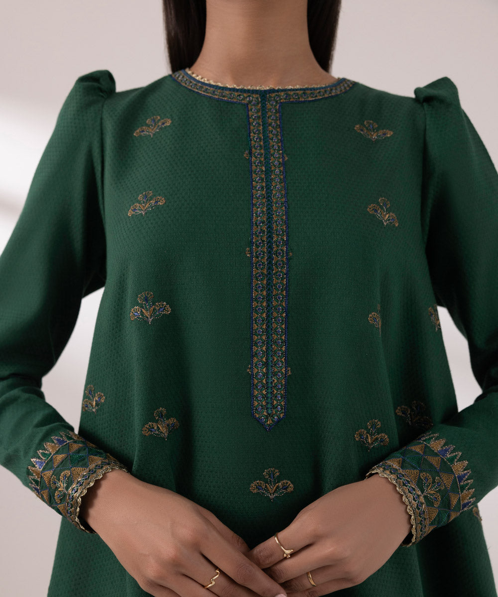 Women's Unstitched Dobby Embroidered Green 3 Piece Suit