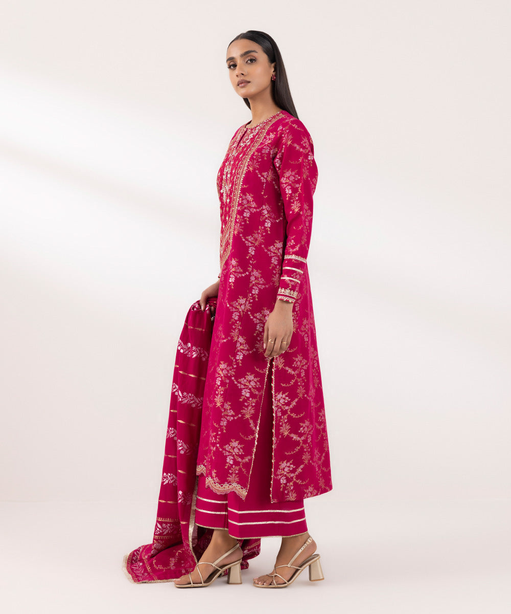 Women's Unstitched Extra Weft Jacquard Embroidered Pink 3 Piece Suit