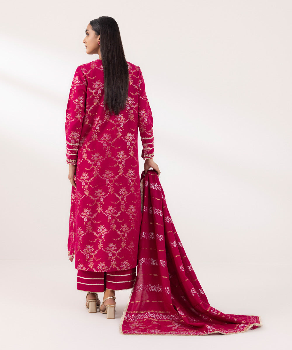 Women's Unstitched Extra Weft Jacquard Embroidered Pink 3 Piece Suit