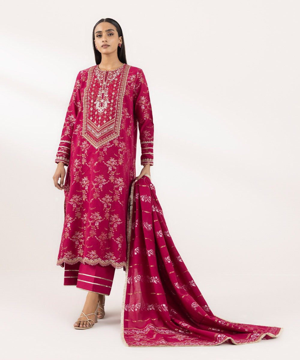 Women's Unstitched Extra Weft Jacquard Embroidered Pink 3 Piece Suit