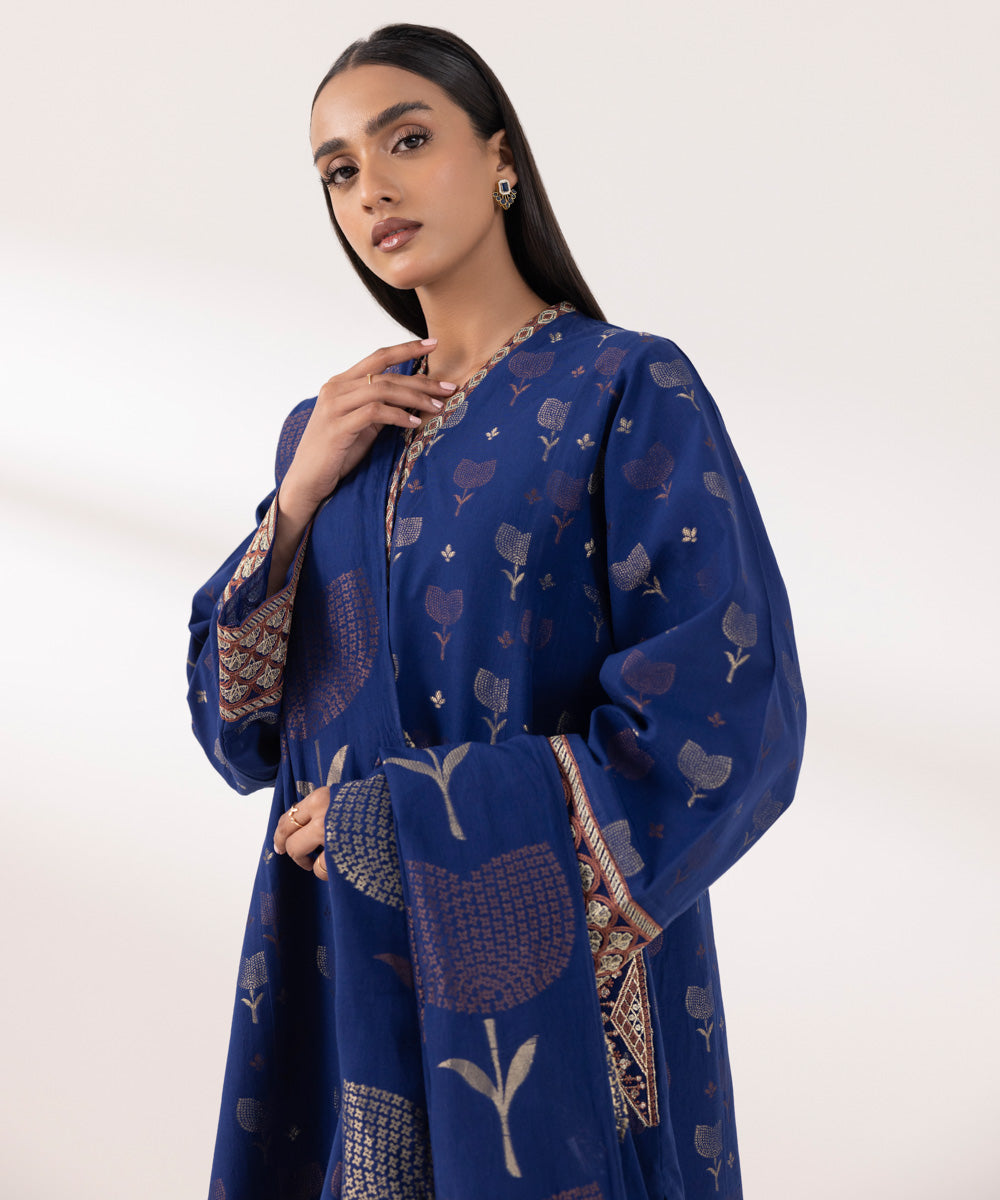 Women's Unstitched Extra Weft Jacquard Embroidered Blue 3 Piece Suit