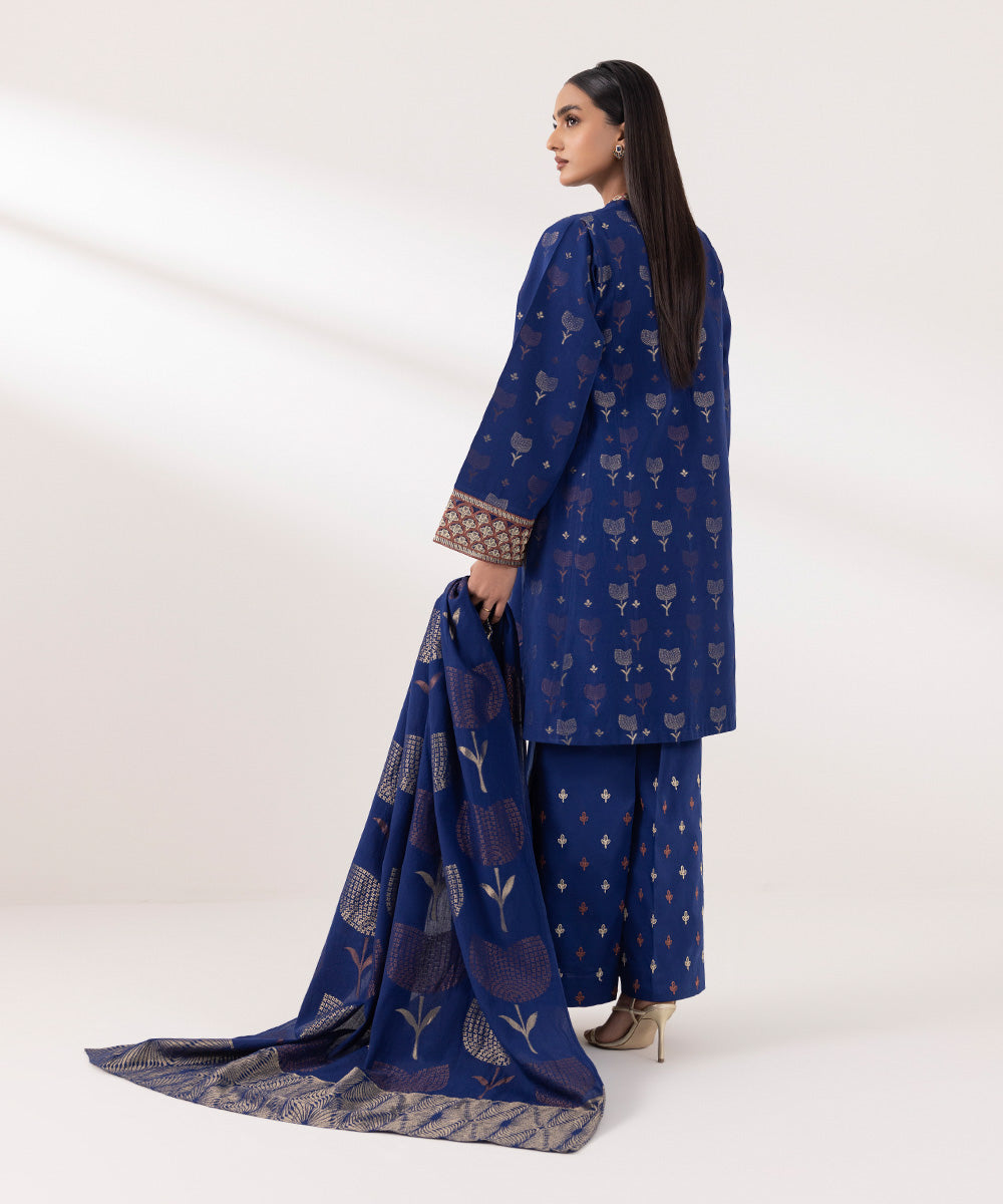 Women's Unstitched Extra Weft Jacquard Embroidered Blue 3 Piece Suit