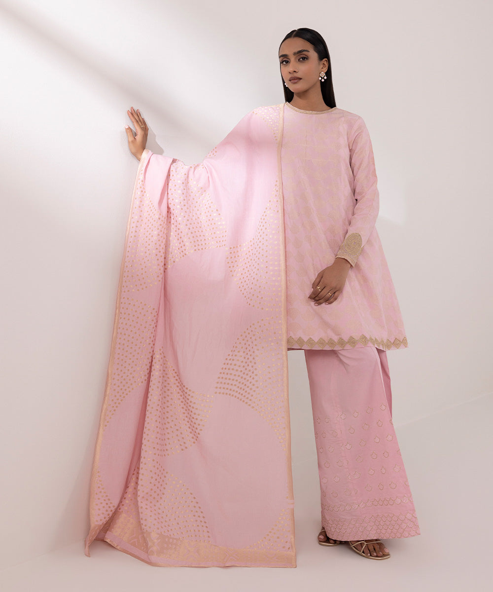 Women's Unstitched Extra Weft Jacquard Embroidered Pink 3 Piece Suit