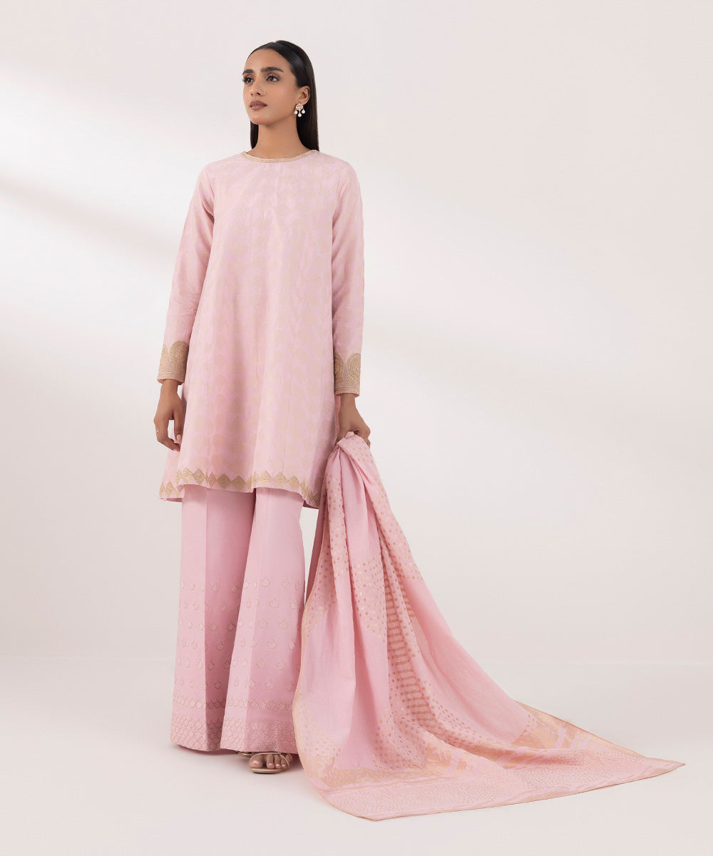 Women's Unstitched Extra Weft Jacquard Embroidered Pink 3 Piece Suit