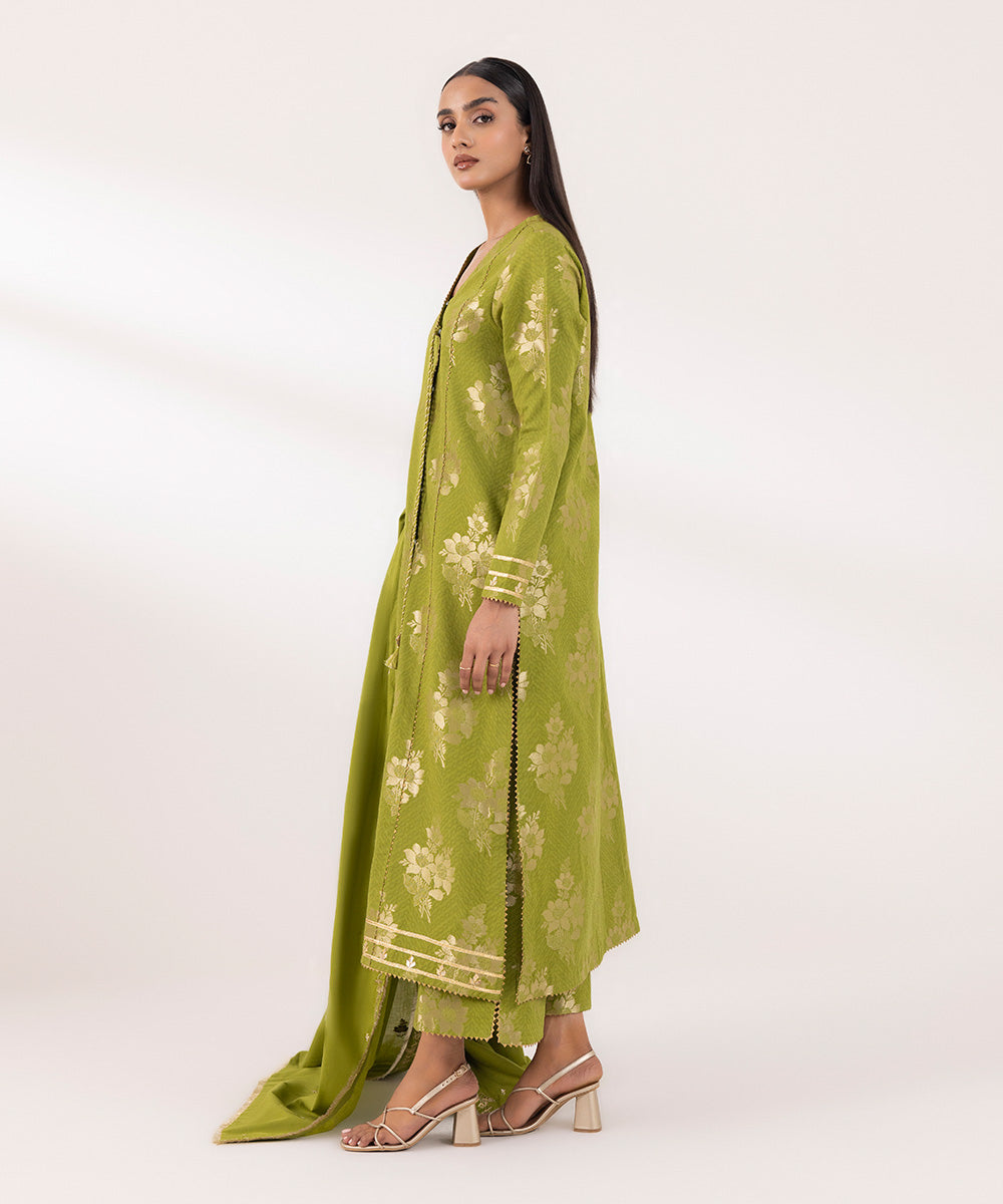 Women's Unstitched Extra Weft Jacquard Embroidered Green 3 Piece Suit