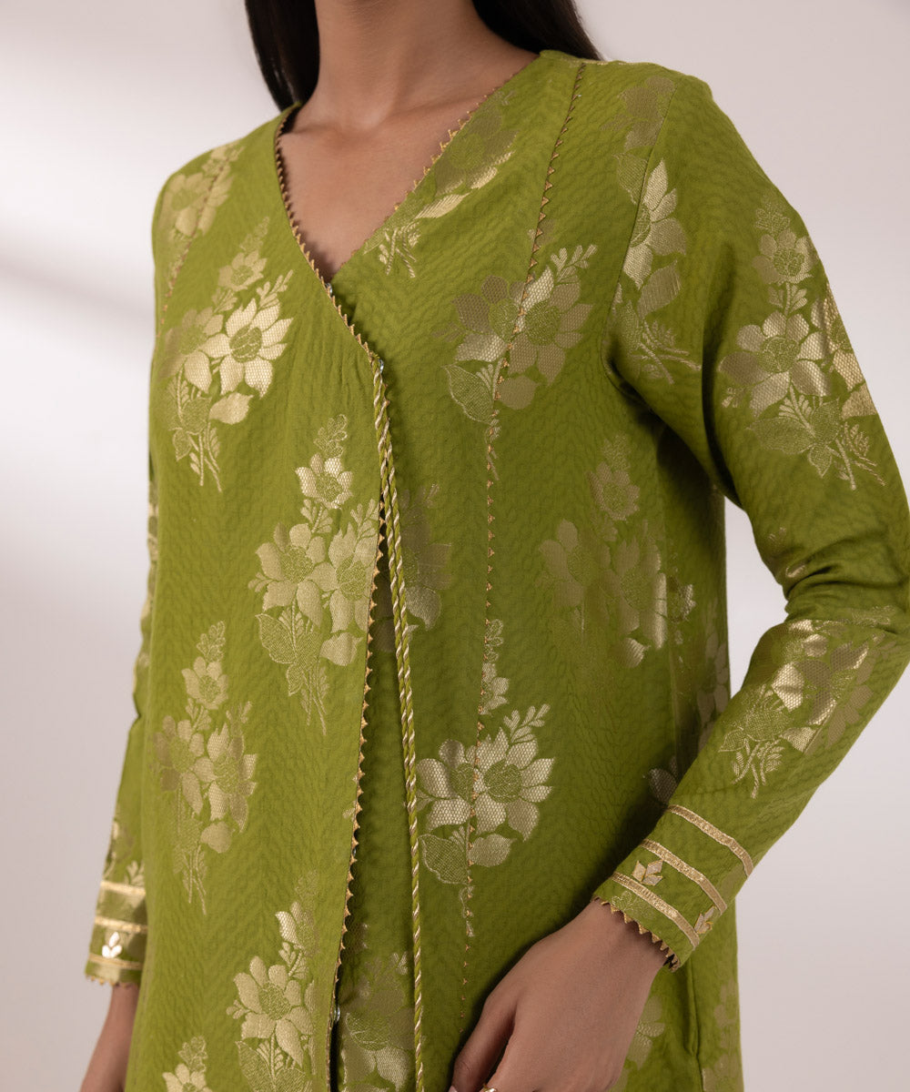 Women's Unstitched Extra Weft Jacquard Embroidered Green 3 Piece Suit