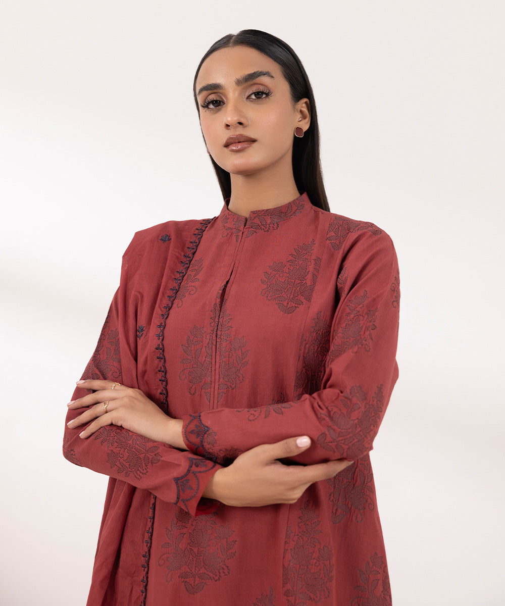 Women's Unstitched Extra Weft Jacquard Embroidered Red 3 Piece Suit