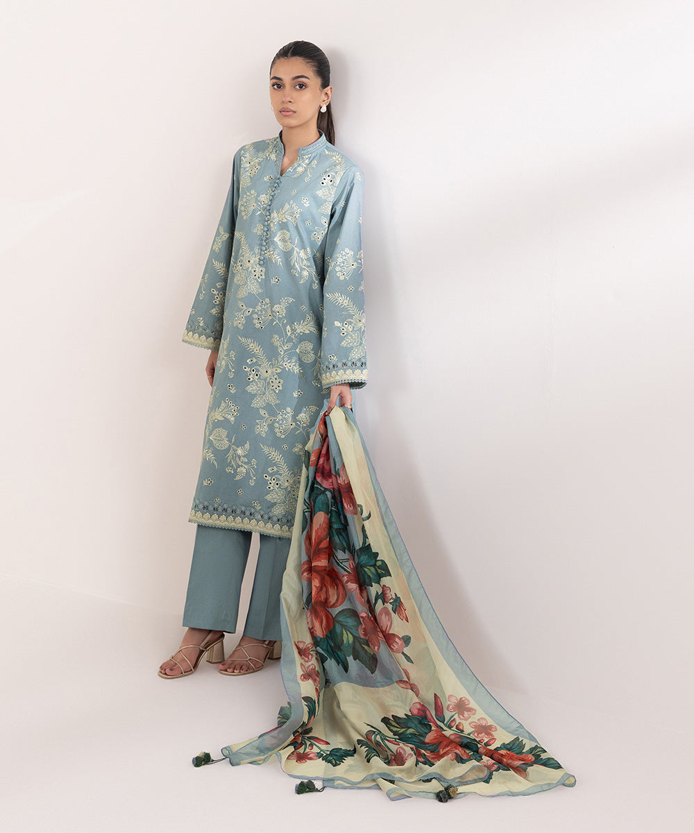 Women's Unstitched Cambric Embroidered Blue 3 Piece Suit