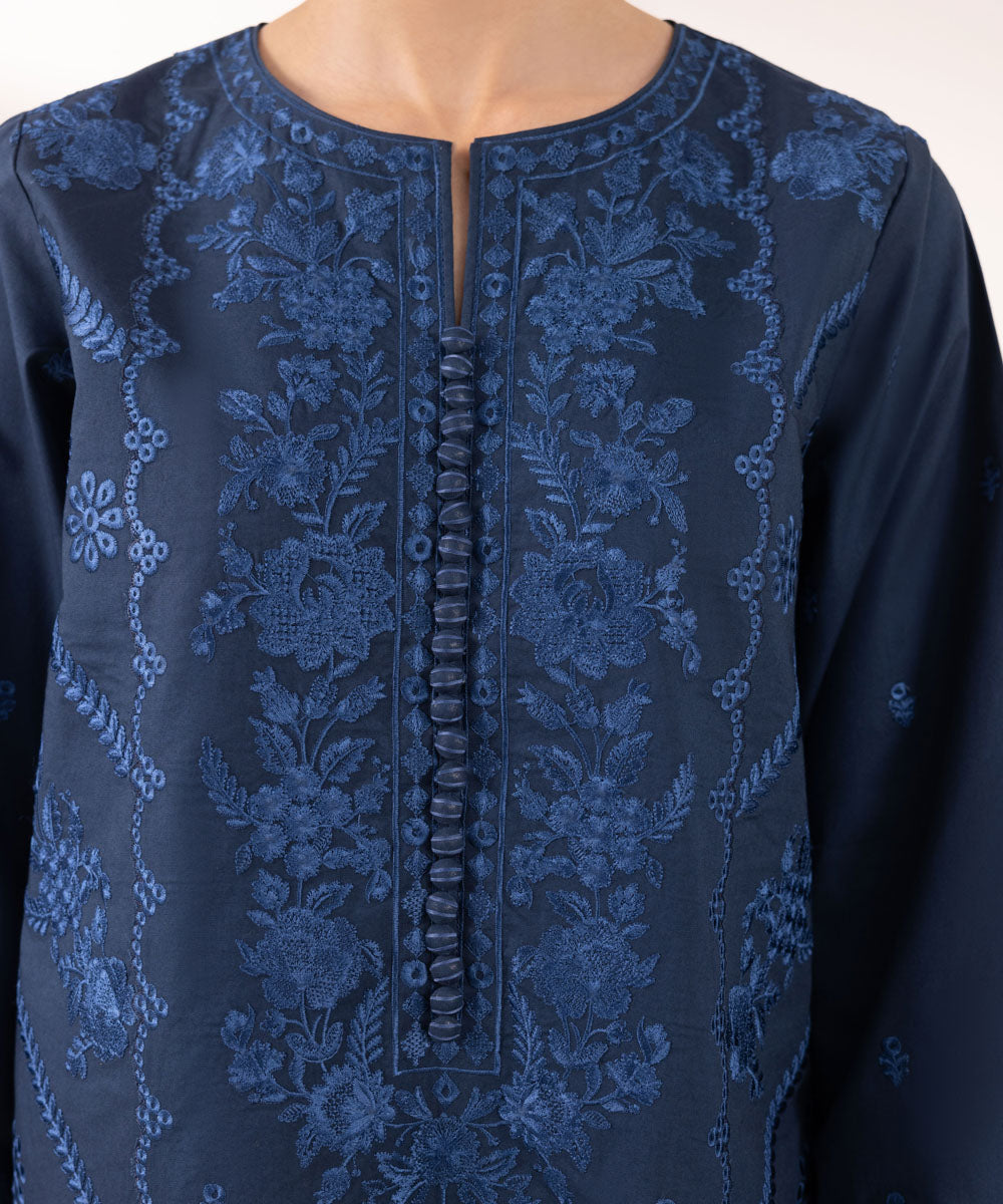 Women's Unstitched Cambric Embroidered Blue 3 Piece Suit