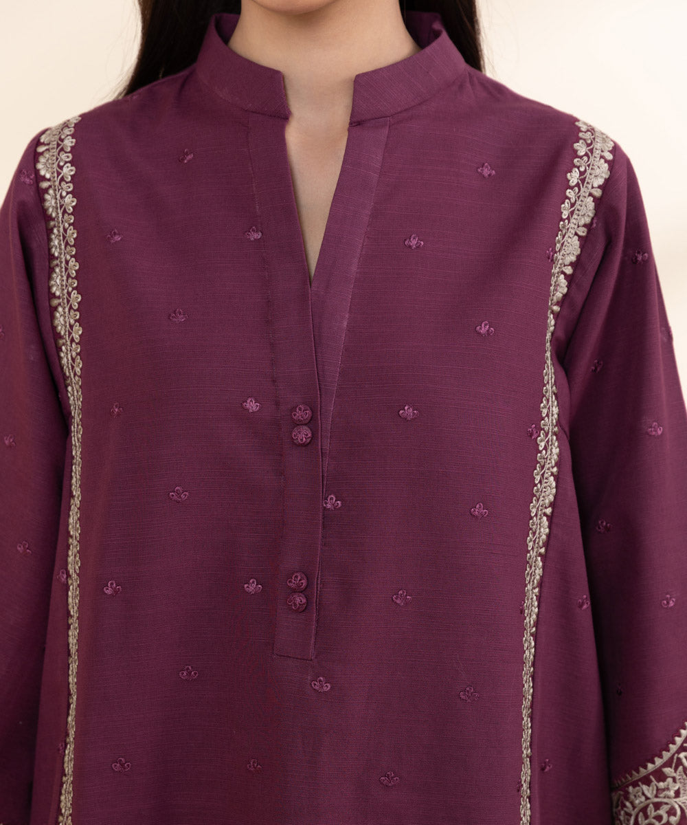 Women's Unstitched Khaddar Embroidered Purple 3 Piece Suit