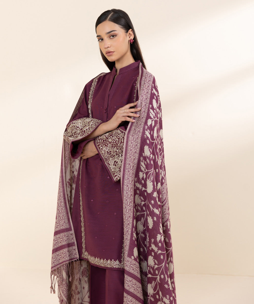 Women's Unstitched Khaddar Embroidered Purple 3 Piece Suit