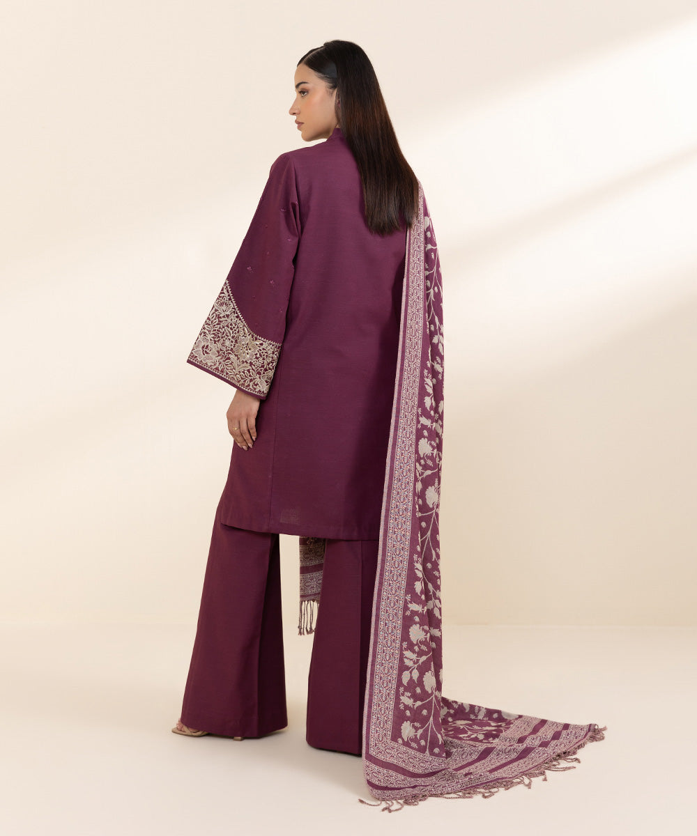 Women's Unstitched Khaddar Embroidered Purple 3 Piece Suit