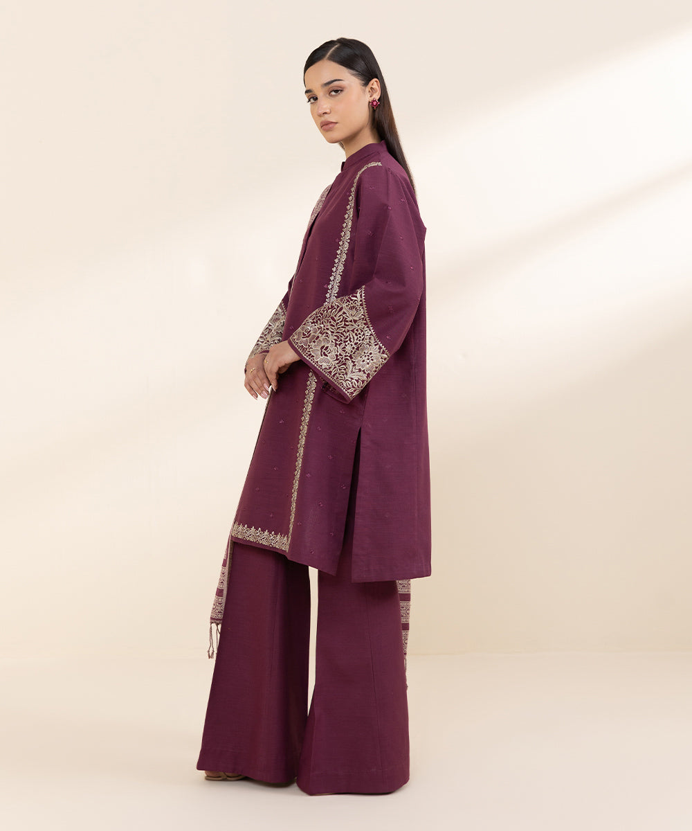 Women's Unstitched Khaddar Embroidered Purple 3 Piece Suit