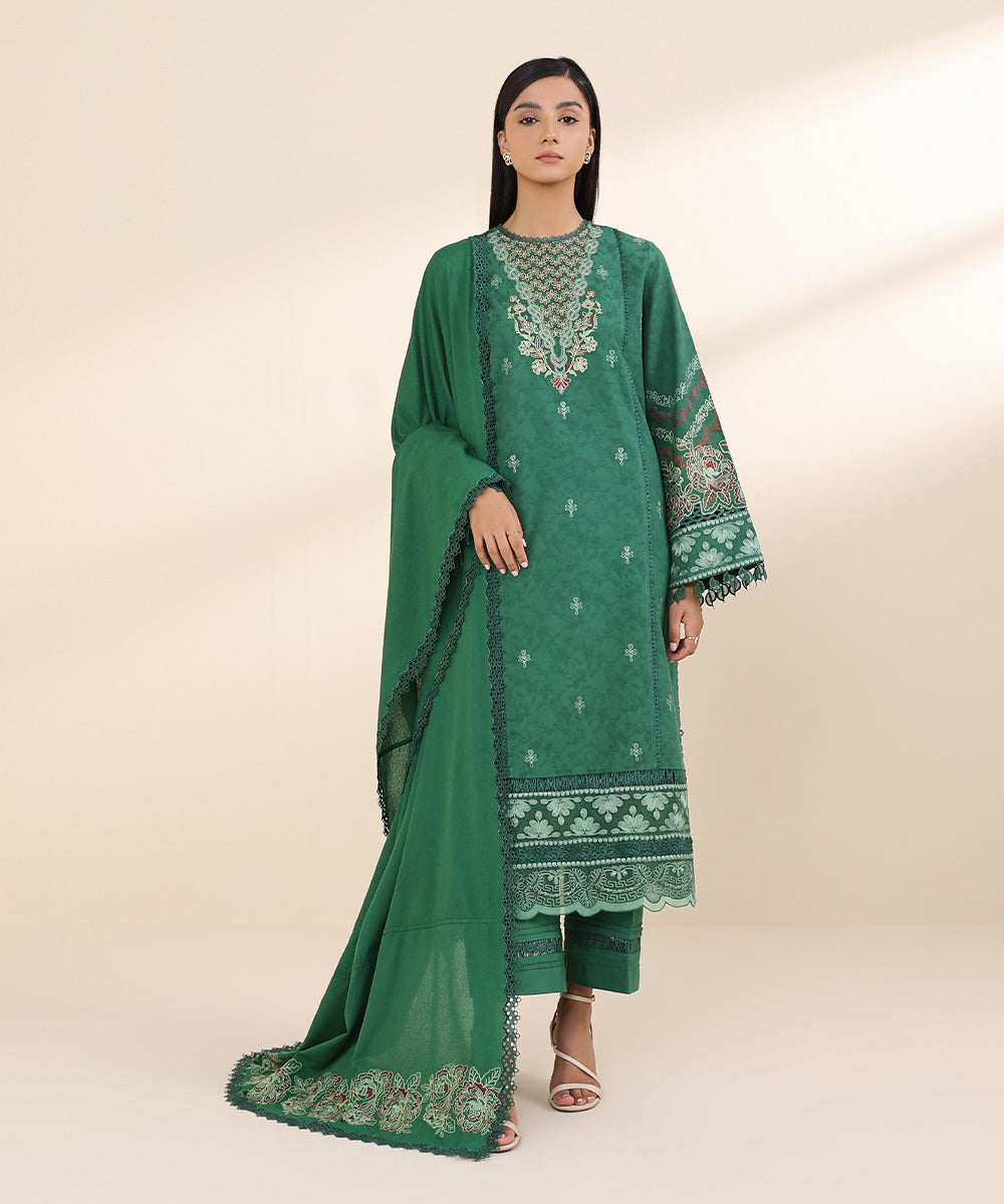 3 Piece - Embroidered Cotton Jacquard Suit