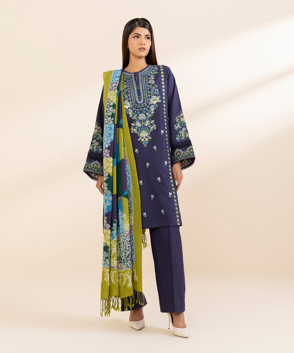 Women's Unstitched Twill Embroidered Blue 3 Piece Suit