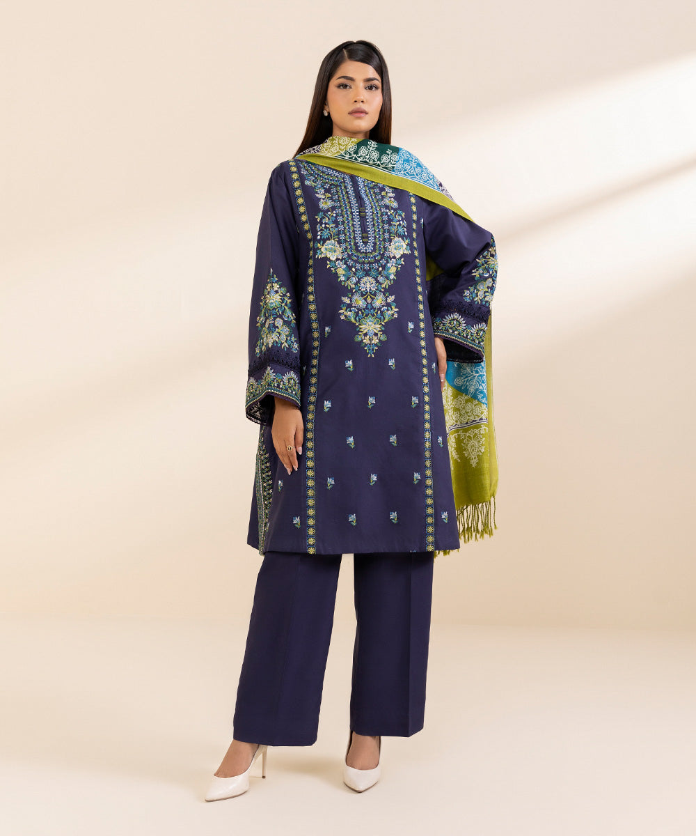 Women's Unstitched Twill Embroidered Blue 3 Piece Suit