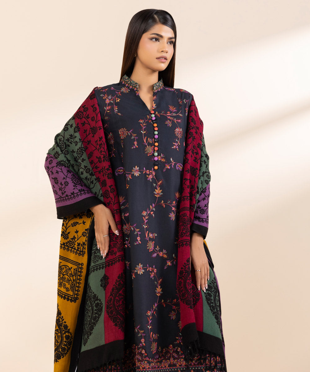 Women's Unstitched Twill Embroidered Multi 3 Piece Suit