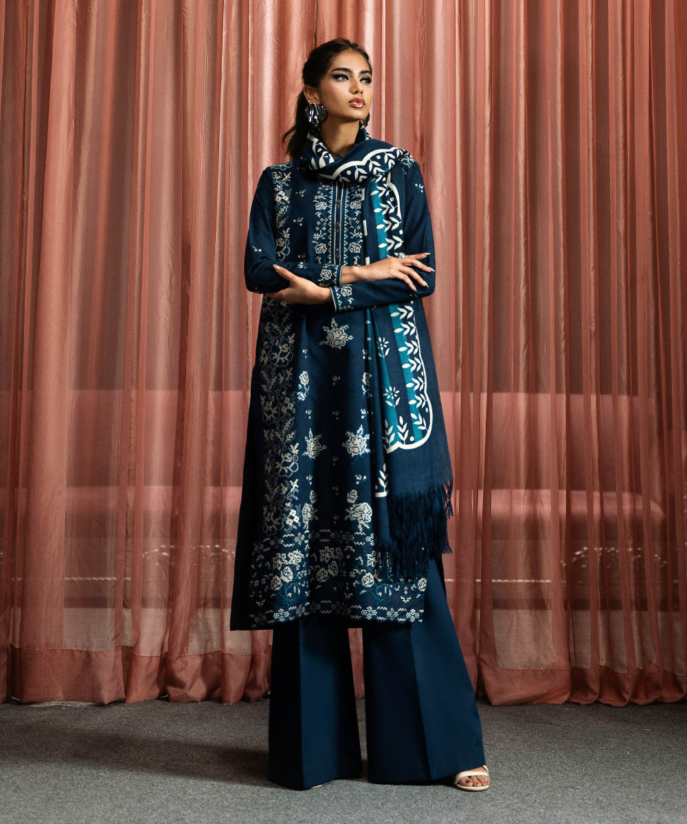 Women's Unstitched Cotton Jacquard Embroidered Blue 3 Piece Suit