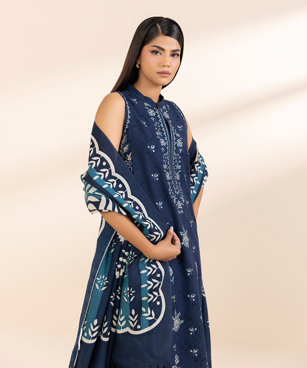 Women's Unstitched Cotton Jacquard Embroidered Blue 3 Piece Suit