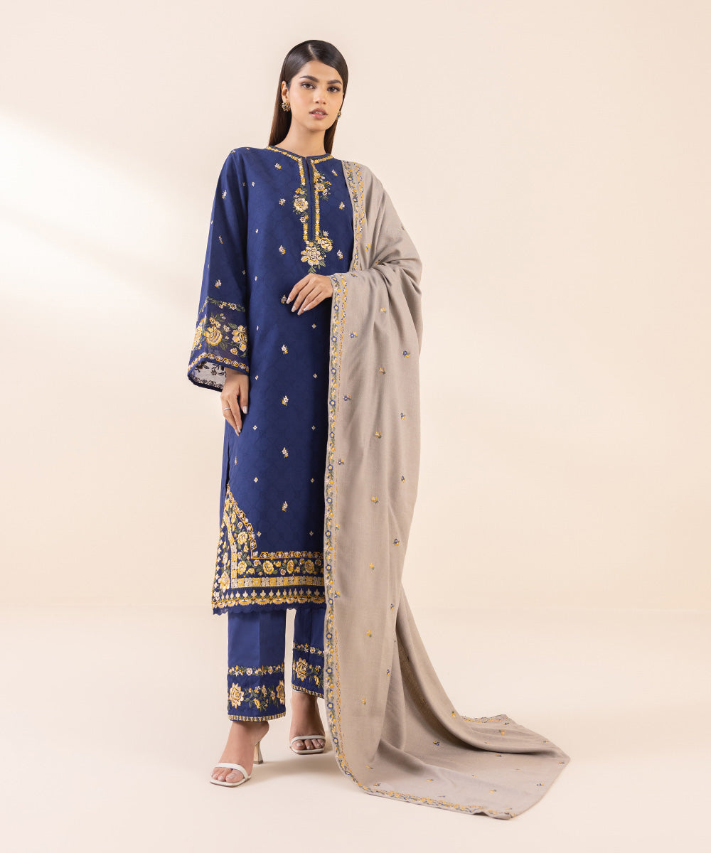 3 Piece - Embroidered Cotton Jacquard Suit