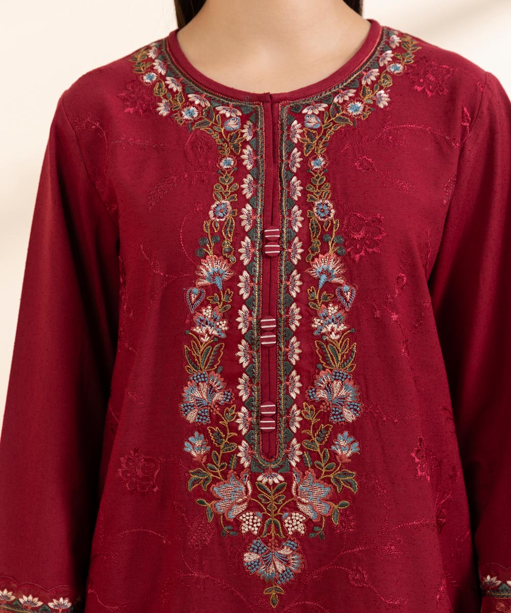 Women's Unstitched Cotton Karandi Embroidered Red 3 Piece Suit