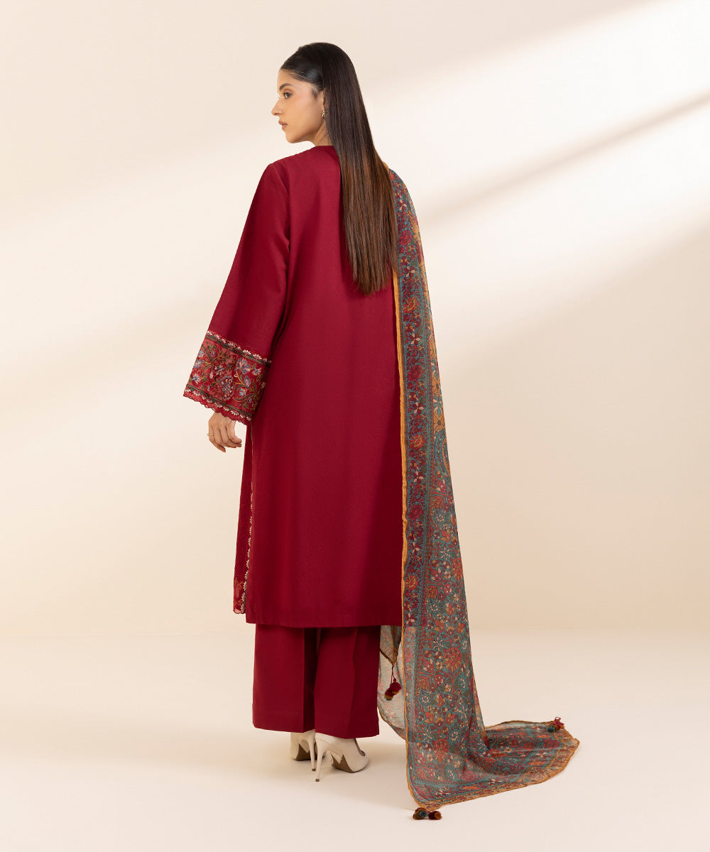 Women's Unstitched Cotton Karandi Embroidered Red 3 Piece Suit