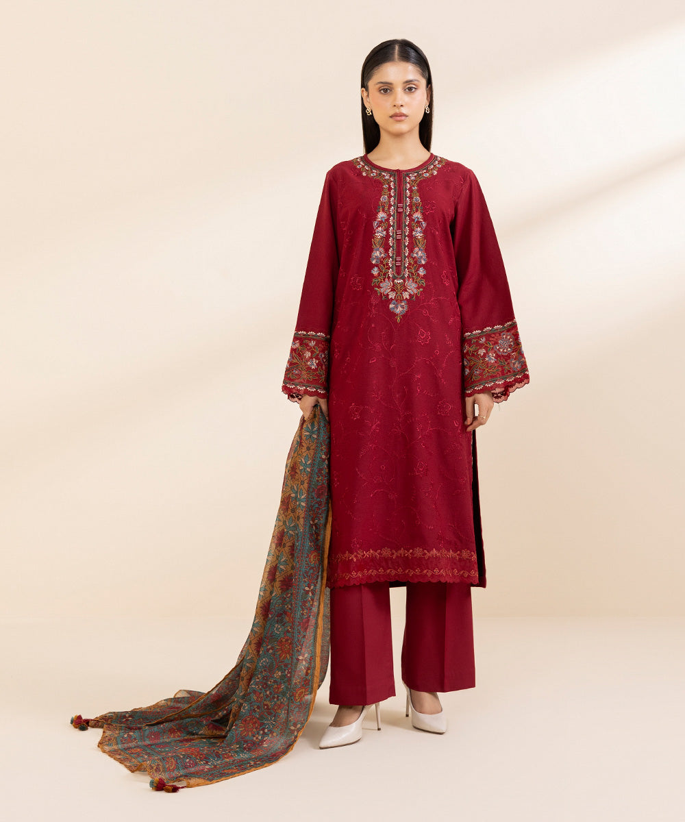 Women's Unstitched Cotton Karandi Embroidered Red 3 Piece Suit