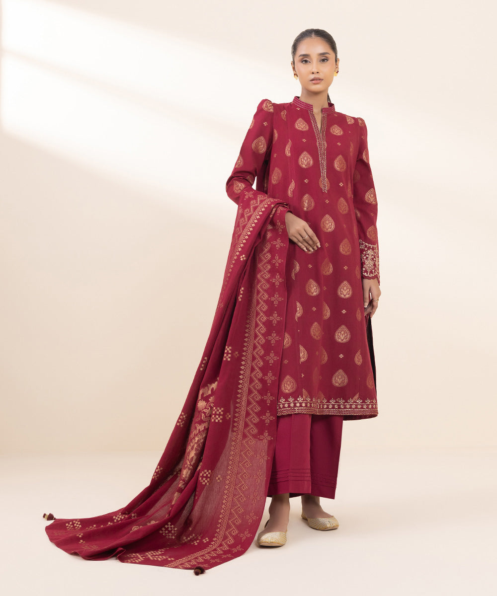 Women's Unstitched Extra Weft Jacquard Embroidered Red 3 Piece Suit