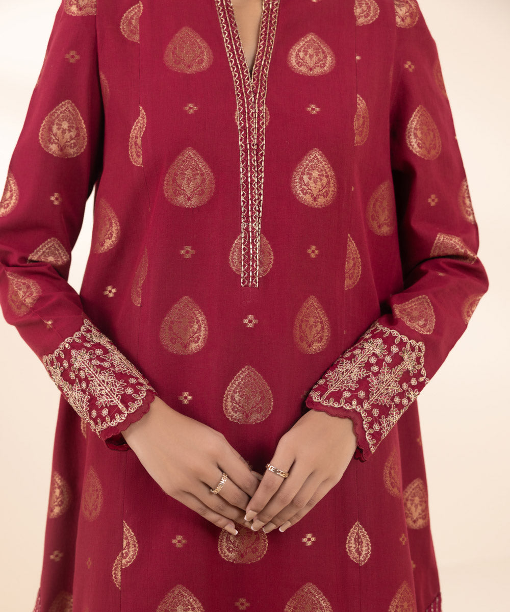 Women's Unstitched Extra Weft Jacquard Embroidered Red 3 Piece Suit