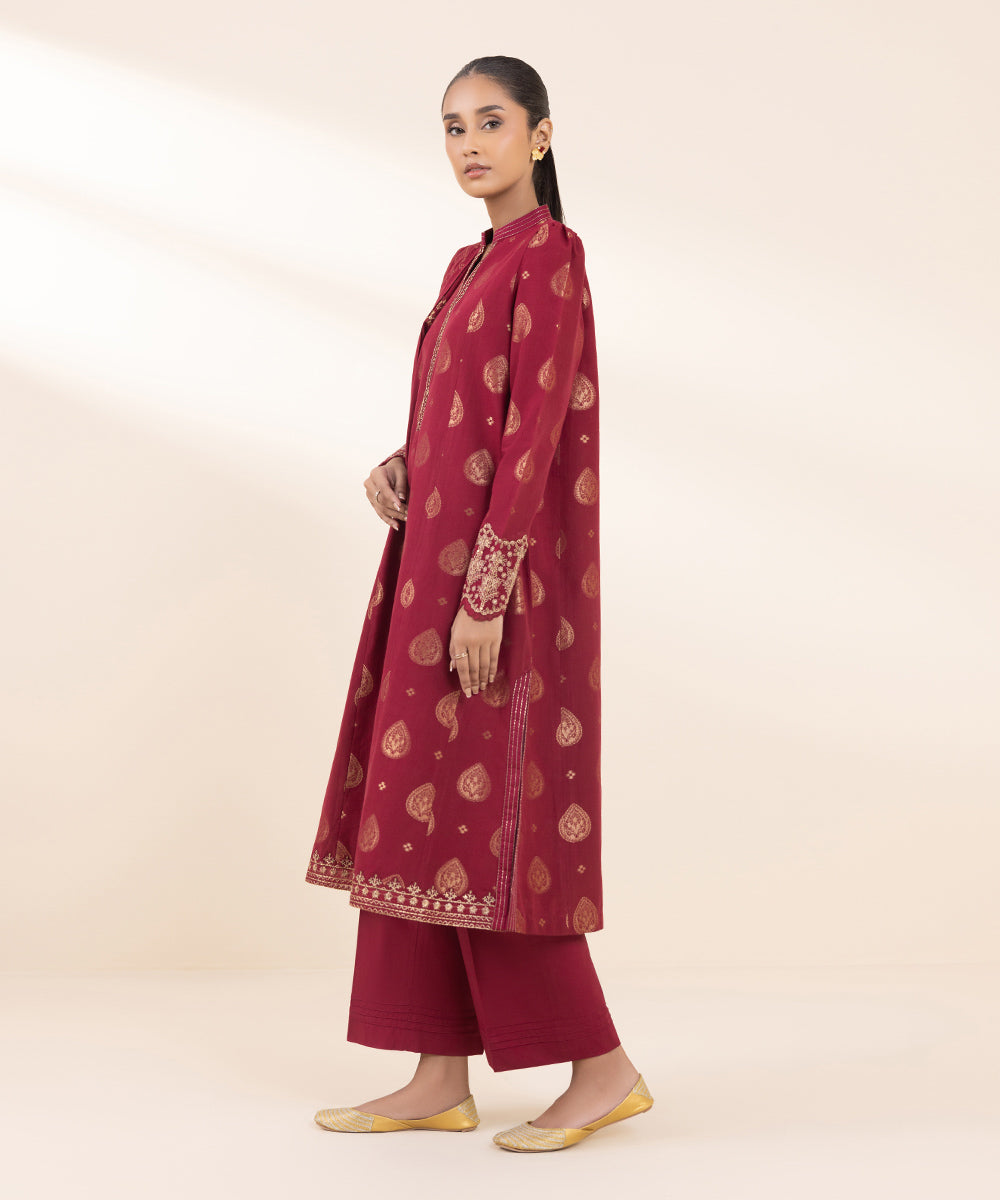 Women's Unstitched Extra Weft Jacquard Embroidered Red 3 Piece Suit