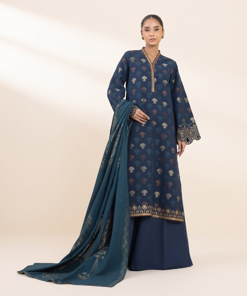 Women's Unstitched Extra Weft Jacquard Embroidered Blue 3 Piece Suit