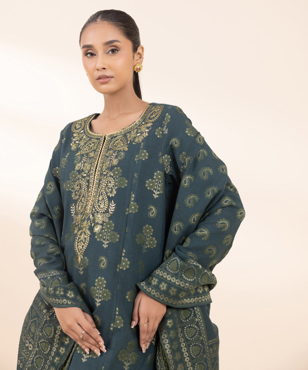 Women's Unstitched Extra Weft Jacquard Embroidered Green 3 Piece Suit